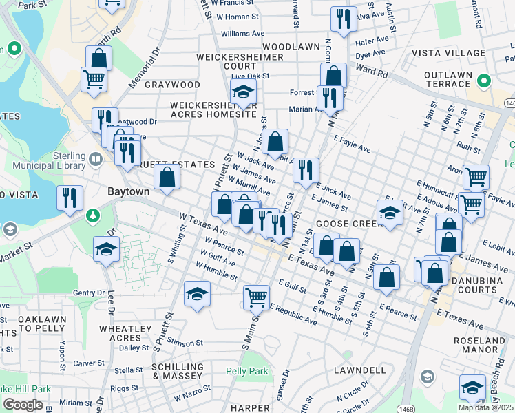 map of restaurants, bars, coffee shops, grocery stores, and more near 212 West Sterling Avenue in Baytown
