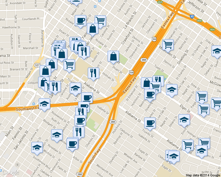 map of restaurants, bars, coffee shops, grocery stores, and more near 3603 Chenevert Street in Houston