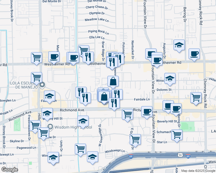 map of restaurants, bars, coffee shops, grocery stores, and more near 3000 Greenridge Drive in Houston