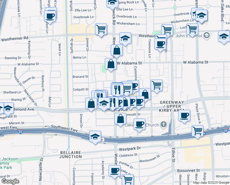map of restaurants, bars, coffee shops, grocery stores, and more near 3333 Weslayan Street in Houston