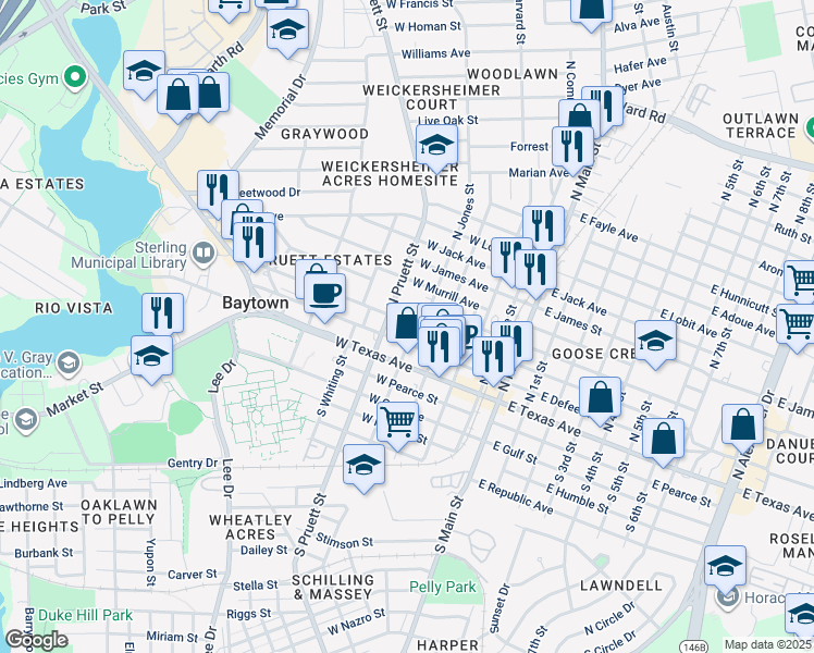 map of restaurants, bars, coffee shops, grocery stores, and more near 321 West Sterling Avenue in Baytown
