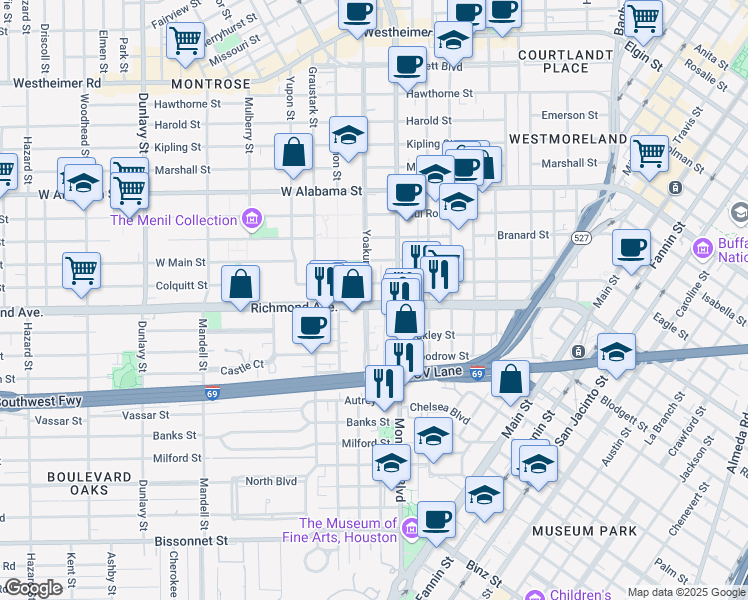map of restaurants, bars, coffee shops, grocery stores, and more near 4219 Yoakum Boulevard in Houston