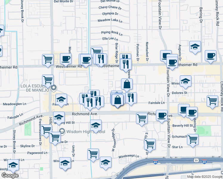 map of restaurants, bars, coffee shops, grocery stores, and more near 2900 Briarhurst Drive in Houston