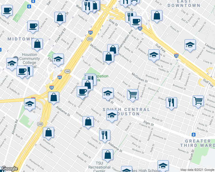 map of restaurants, bars, coffee shops, grocery stores, and more near 2516 Anita Street in Houston
