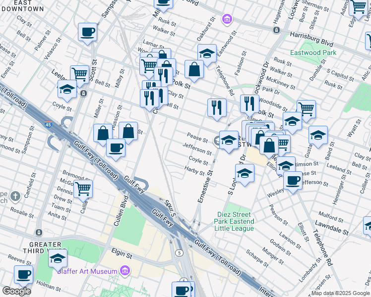 map of restaurants, bars, coffee shops, grocery stores, and more near 1810 Eastwood Street in Houston