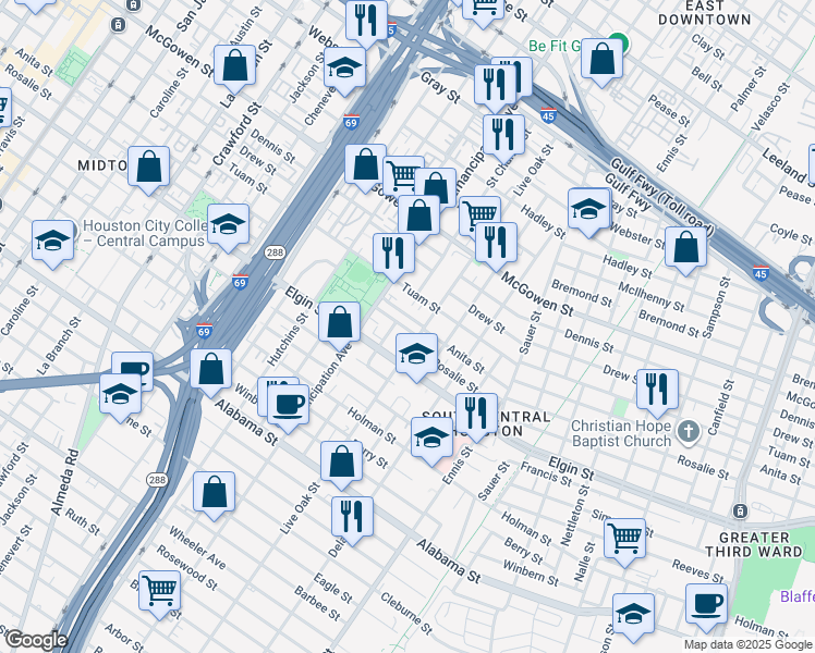 map of restaurants, bars, coffee shops, grocery stores, and more near 3004 Live Oak Street in Houston