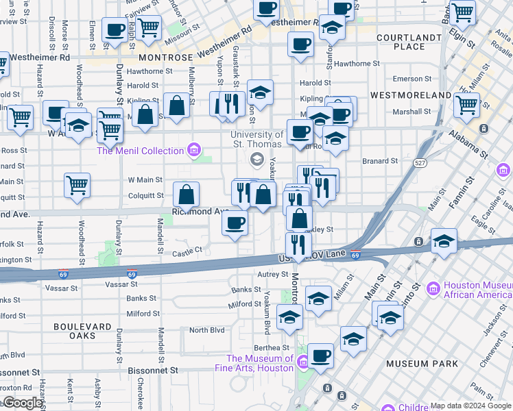 map of restaurants, bars, coffee shops, grocery stores, and more near in Houston