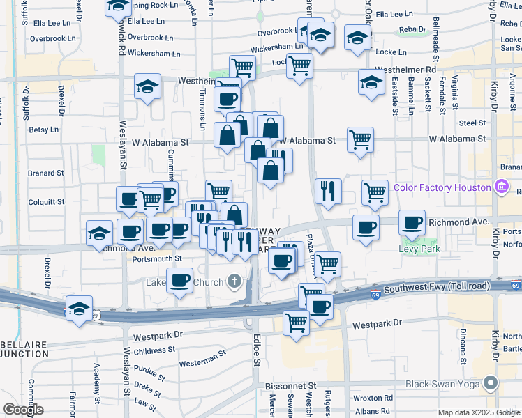 map of restaurants, bars, coffee shops, grocery stores, and more near 3660 Richmond Avenue in Houston