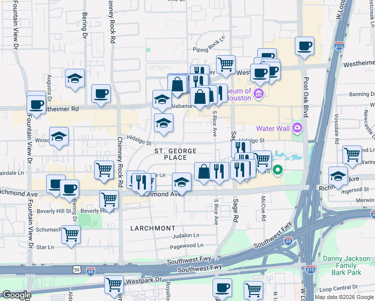 map of restaurants, bars, coffee shops, grocery stores, and more near 5342 Navarro Street in Houston