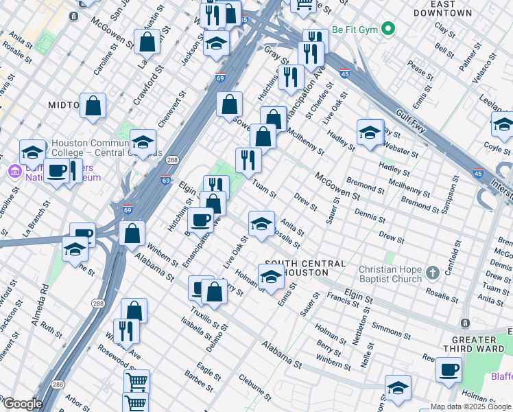 map of restaurants, bars, coffee shops, grocery stores, and more near 2511 Rosalie Street in Houston