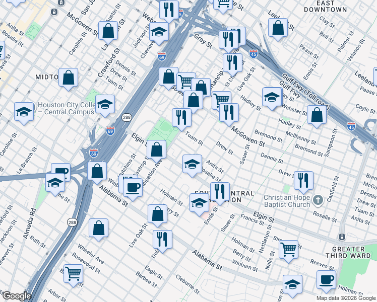 map of restaurants, bars, coffee shops, grocery stores, and more near 3004 Live Oak Street in Houston