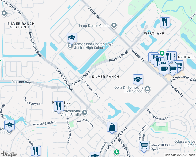 map of restaurants, bars, coffee shops, grocery stores, and more near 26214 Grace Hills Lane in Katy