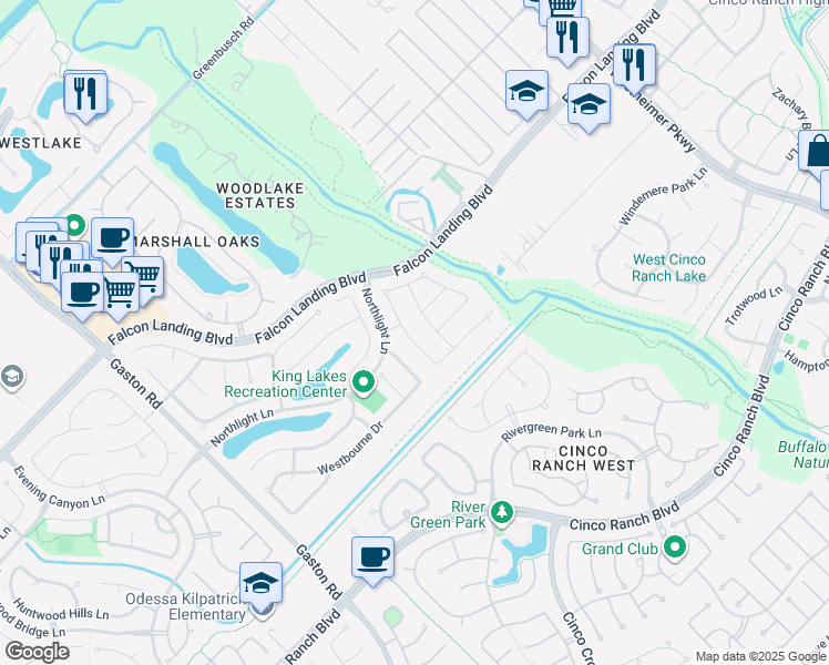 map of restaurants, bars, coffee shops, grocery stores, and more near 4611 Ferndale Meadows Drive in Katy