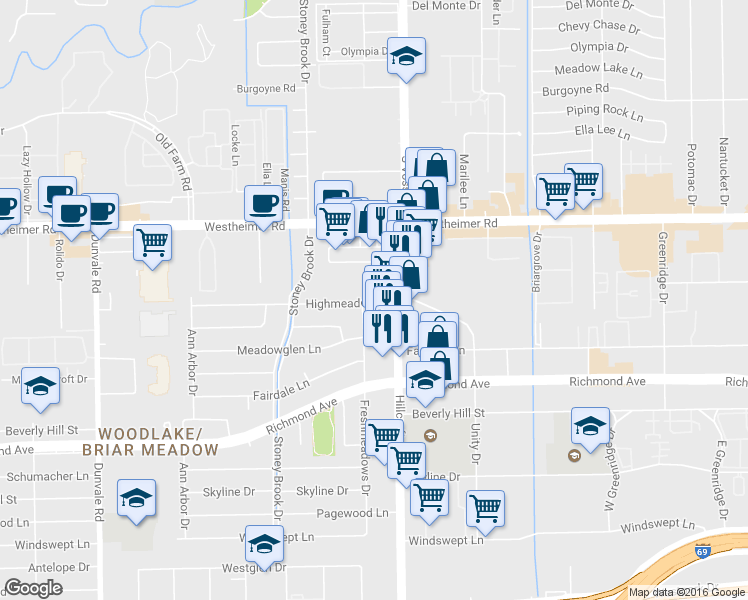 map of restaurants, bars, coffee shops, grocery stores, and more near 7541 Highmeadow Drive in Houston