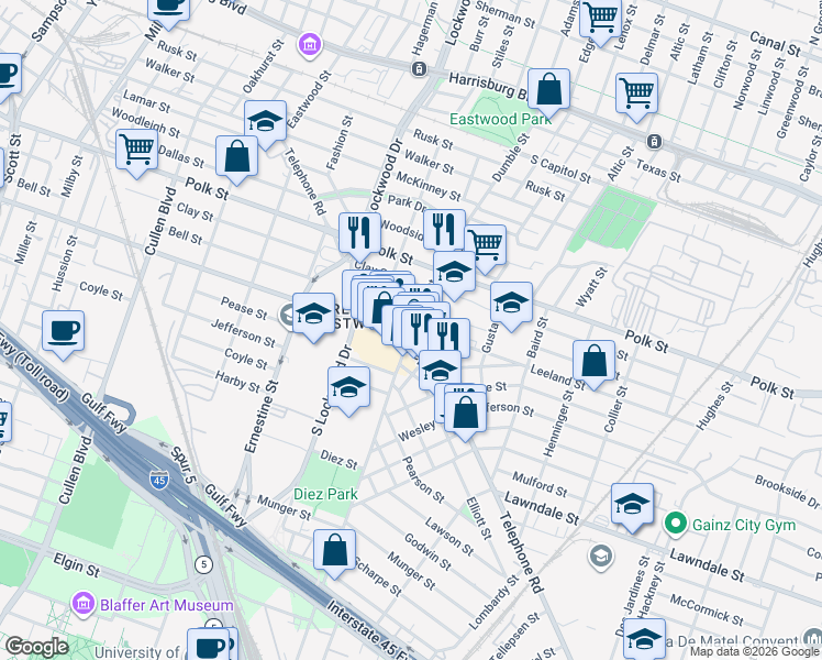 map of restaurants, bars, coffee shops, grocery stores, and more near 801 Telephone Road in Houston