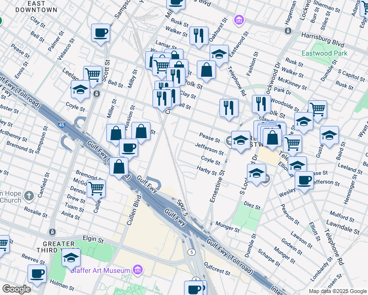 map of restaurants, bars, coffee shops, grocery stores, and more near 4301 Coyle Street in Houston