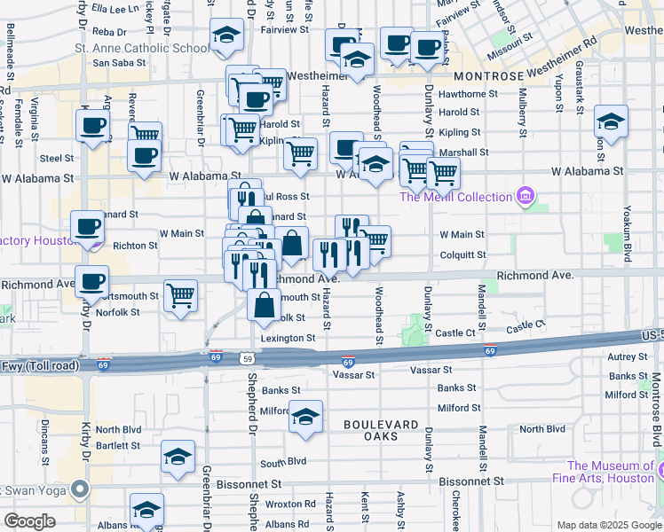 map of restaurants, bars, coffee shops, grocery stores, and more near 1908 Richmond Avenue in Houston