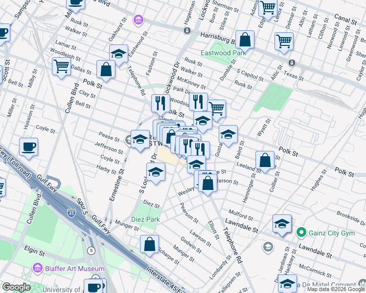 map of restaurants, bars, coffee shops, grocery stores, and more near 801 Telephone Road in Houston