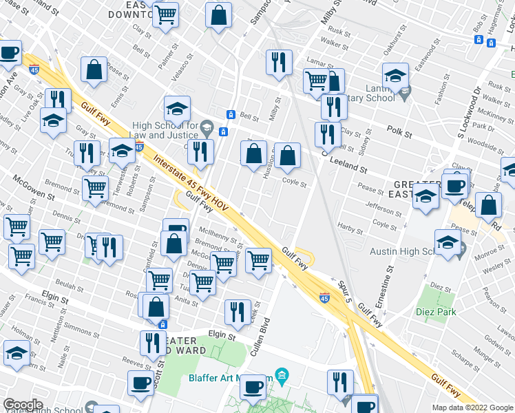 map of restaurants, bars, coffee shops, grocery stores, and more near Winchester in Houston
