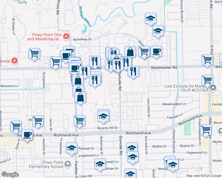 map of restaurants, bars, coffee shops, grocery stores, and more near 164 Rolido Drive in Houston