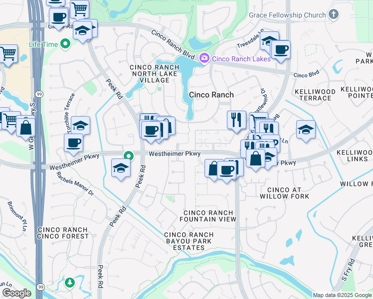 map of restaurants, bars, coffee shops, grocery stores, and more near 22510 Westheimer Parkway in Katy