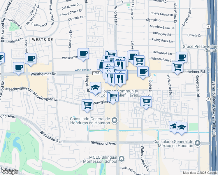 map of restaurants, bars, coffee shops, grocery stores, and more near 11145 Westheimer Road in Houston