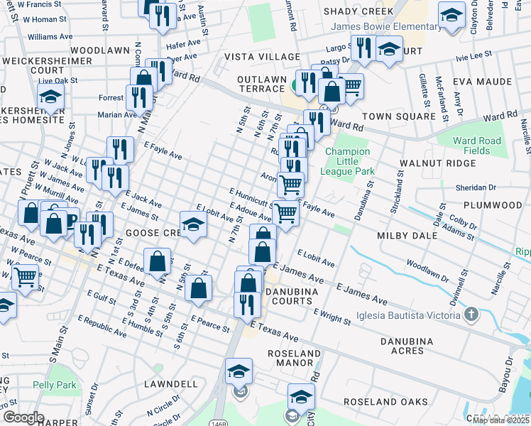 map of restaurants, bars, coffee shops, grocery stores, and more near 801 East Adoue Avenue in Baytown