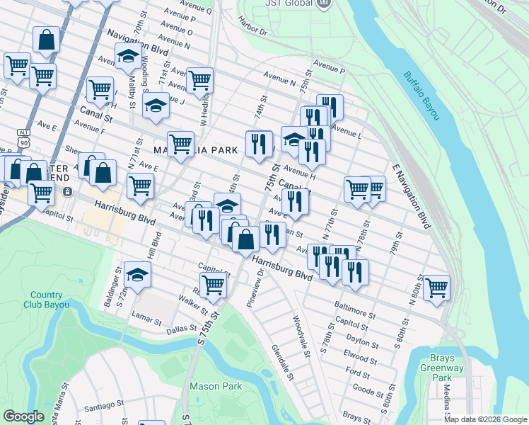 map of restaurants, bars, coffee shops, grocery stores, and more near 7524 Avenue E in Houston