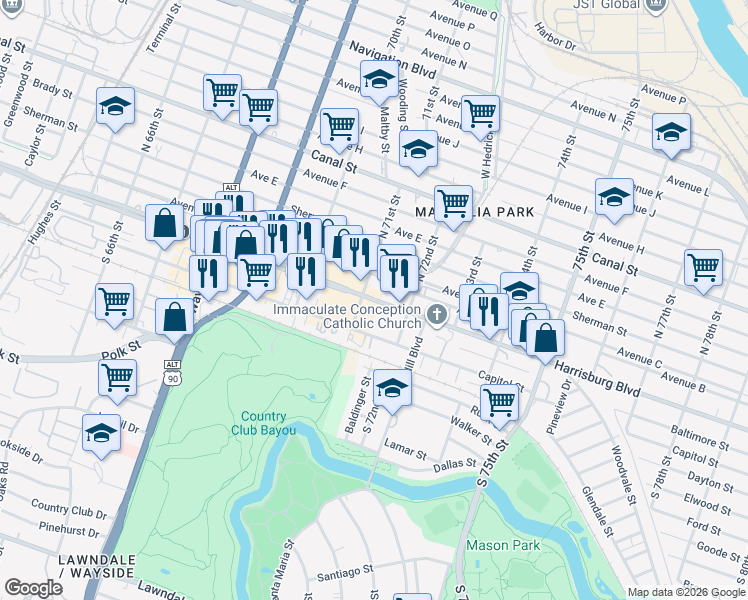 map of restaurants, bars, coffee shops, grocery stores, and more near 7118 Harrisburg Boulevard in Houston