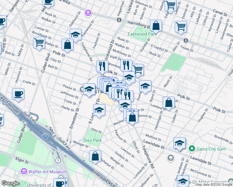 map of restaurants, bars, coffee shops, grocery stores, and more near 801 Telephone Road in Houston