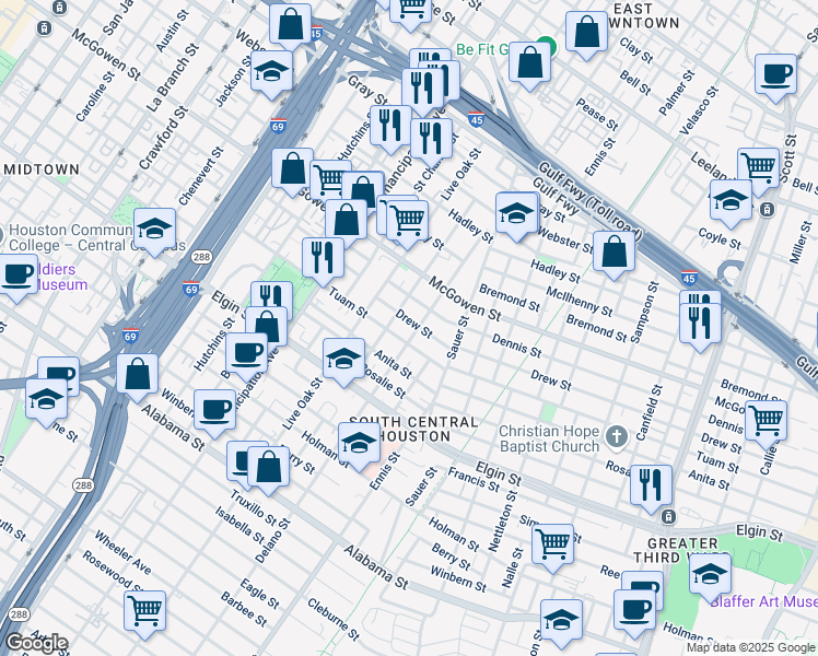 map of restaurants, bars, coffee shops, grocery stores, and more near 2812 Drew Street in Houston