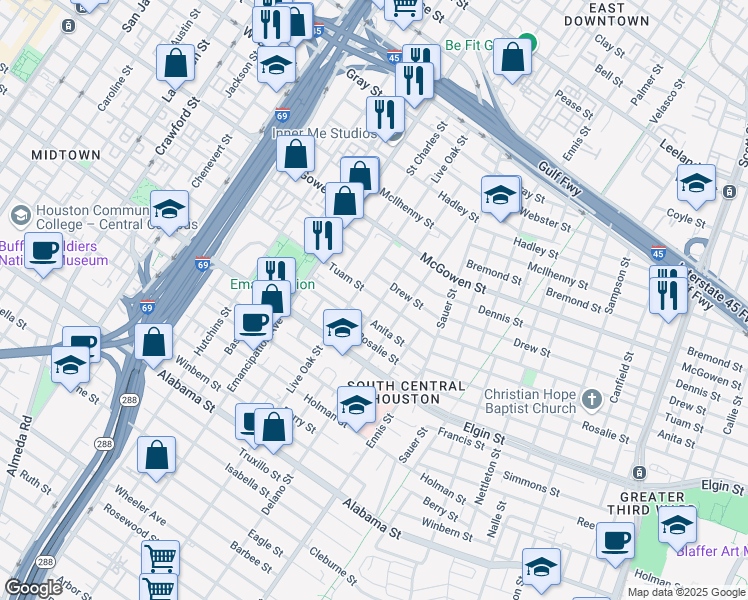map of restaurants, bars, coffee shops, grocery stores, and more near 2702 Tuam Street in Houston