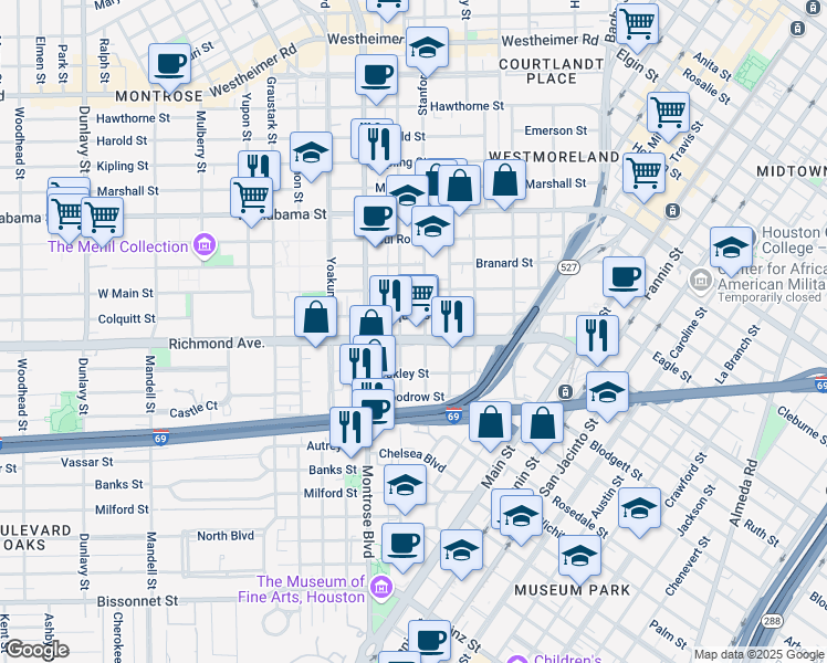 map of restaurants, bars, coffee shops, grocery stores, and more near 813 Richmond Avenue in Houston
