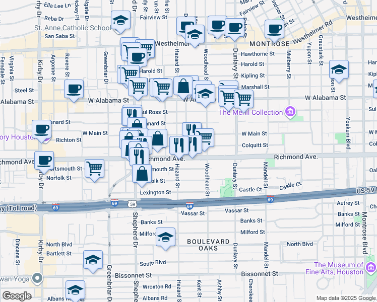 map of restaurants, bars, coffee shops, grocery stores, and more near 1836 Richmond Avenue in Houston