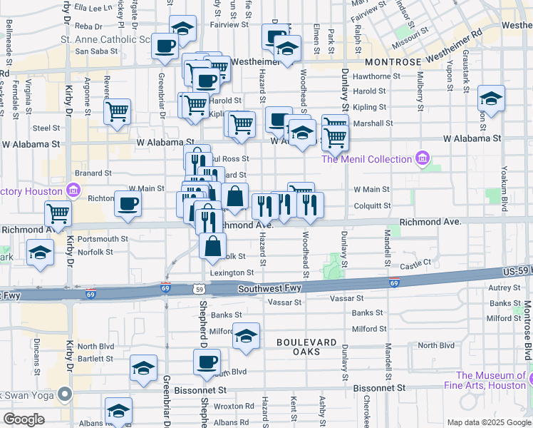 map of restaurants, bars, coffee shops, grocery stores, and more near 1908 Richmond Avenue in Houston