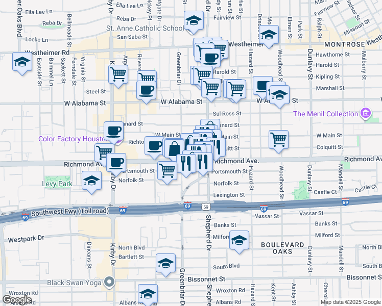 map of restaurants, bars, coffee shops, grocery stores, and more near 2134 Richmond Avenue in Houston