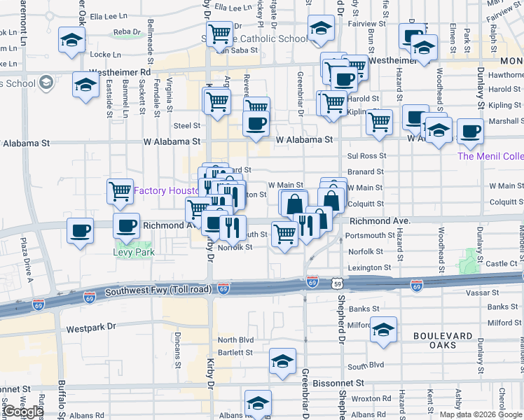 map of restaurants, bars, coffee shops, grocery stores, and more near 2242 Richmond Avenue in Houston