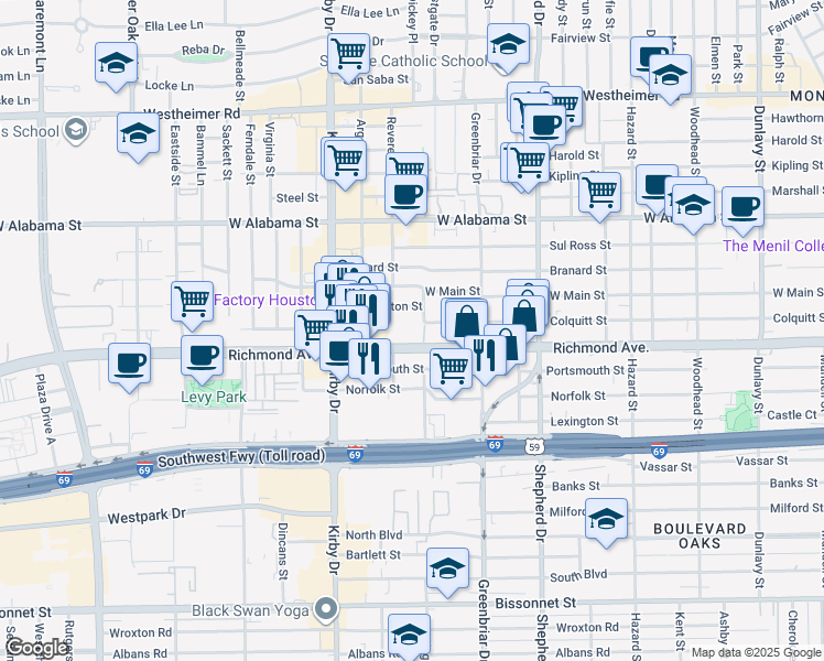 map of restaurants, bars, coffee shops, grocery stores, and more near 2242 Richmond Avenue in Houston