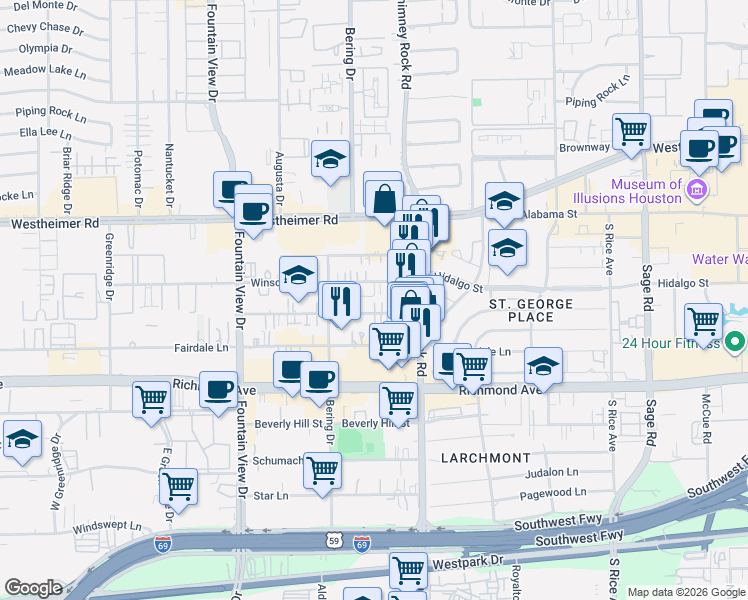 map of restaurants, bars, coffee shops, grocery stores, and more near 5606 Dolores Street in Houston