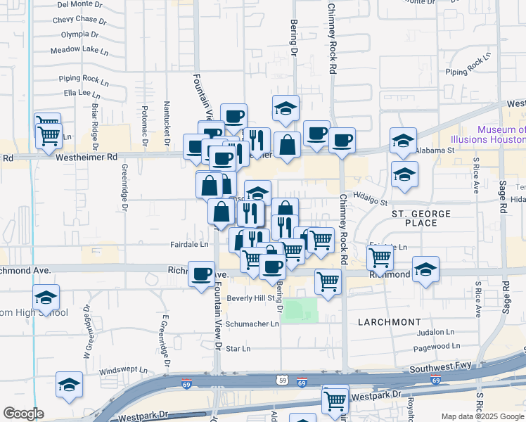 map of restaurants, bars, coffee shops, grocery stores, and more near 5806 Dolores Street in Houston