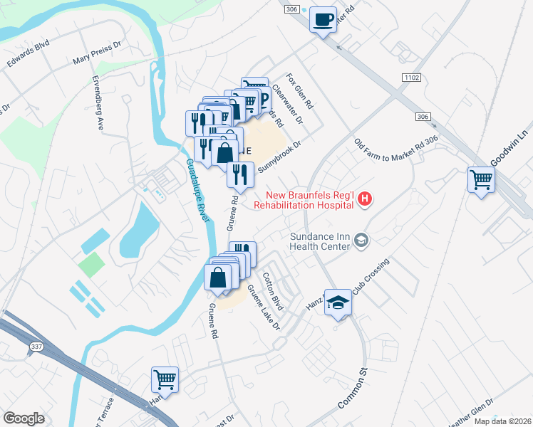 map of restaurants, bars, coffee shops, grocery stores, and more near 1638 Gruene Vineyard Crossing in New Braunfels