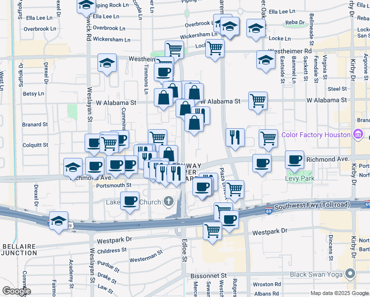 map of restaurants, bars, coffee shops, grocery stores, and more near 3660 Richmond Avenue in Houston