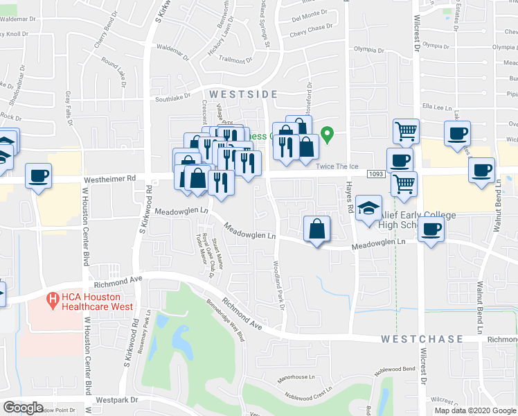 map of restaurants, bars, coffee shops, grocery stores, and more near 2700 Woodland Park Drive in Houston