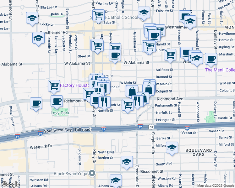 map of restaurants, bars, coffee shops, grocery stores, and more near 2300 Richmond Avenue in Houston