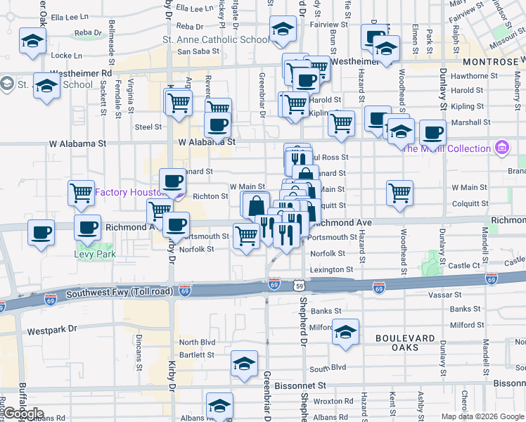 map of restaurants, bars, coffee shops, grocery stores, and more near in Houston