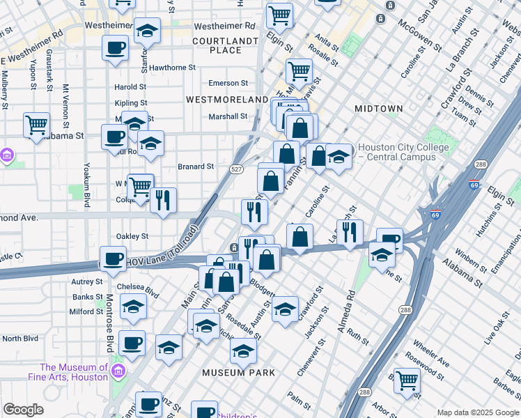 map of restaurants, bars, coffee shops, grocery stores, and more near 4235 Main street in Houston