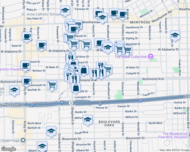 map of restaurants, bars, coffee shops, grocery stores, and more near 1846 Richmond Avenue in Houston