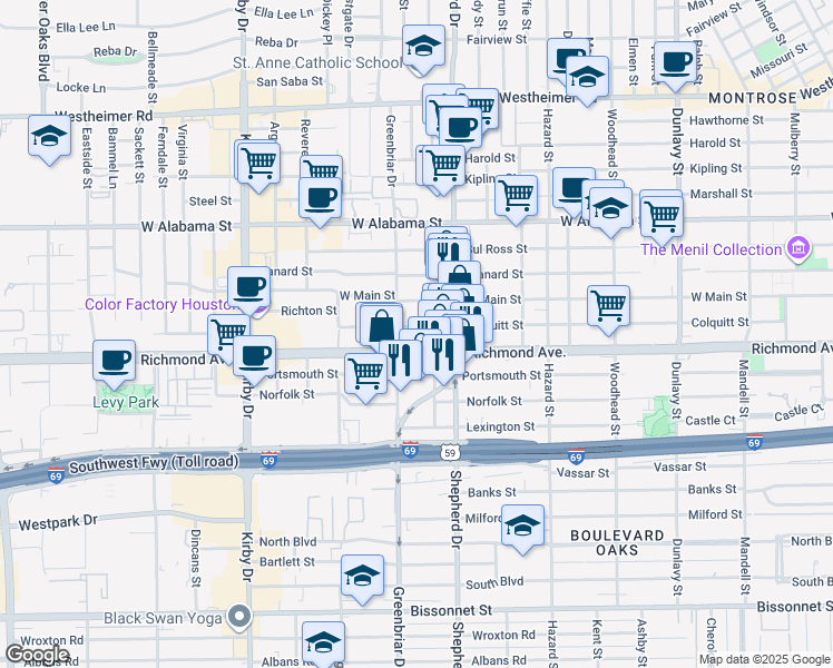 map of restaurants, bars, coffee shops, grocery stores, and more near 2134 Richmond Avenue in Houston