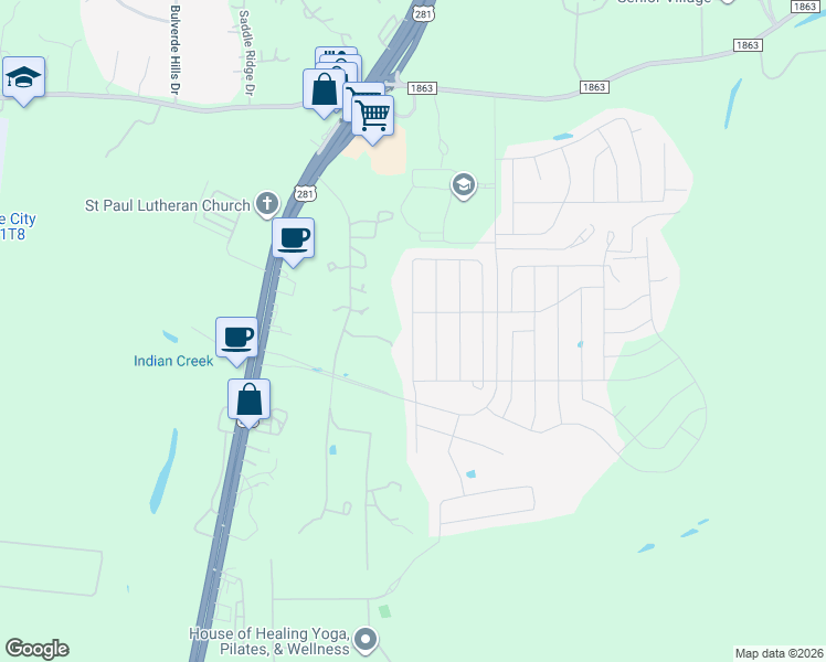 map of restaurants, bars, coffee shops, grocery stores, and more near 29616 Copper Crossing in Bulverde