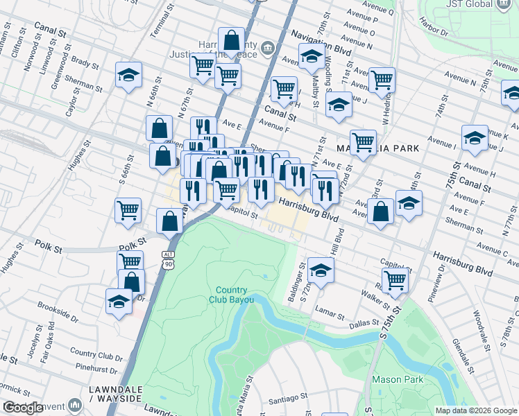 map of restaurants, bars, coffee shops, grocery stores, and more near 211 South 70th Street in Houston